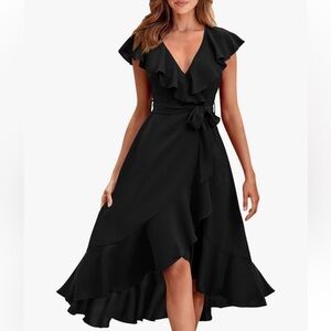 Elegant Black Faux Wrap Ruffle Dress